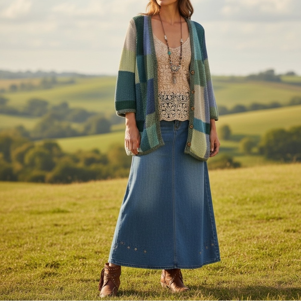 Patchwork Cottagecore Open Knit Blue Green Button Cardigan Sweater Womens Large - Picture 2 of 13